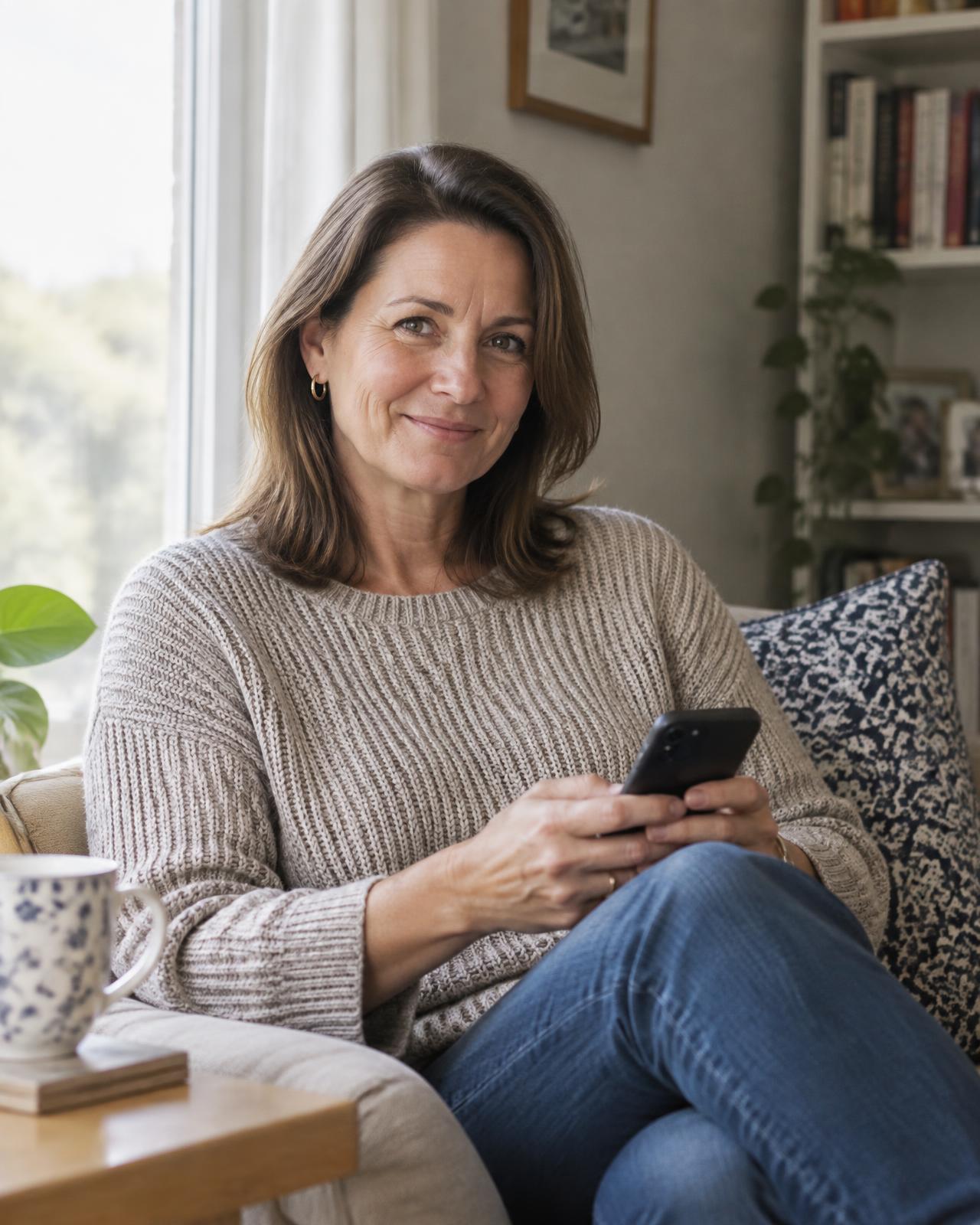A woman reviewing information on her phone beside a window at home